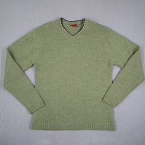 Guess Mens Green Alpaca Merino Wool Blend V-Neck Ribbed Knit Sweater Medium Y2K